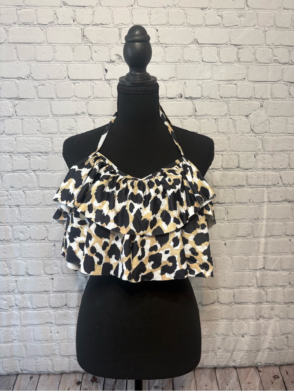 SHEIN Black White & Gold Leopard Ruffle Halter Bikini Top